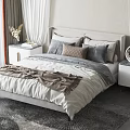 Modern Double Bed With Gray Beige Bedding Bedside Tables And Soft Curtains