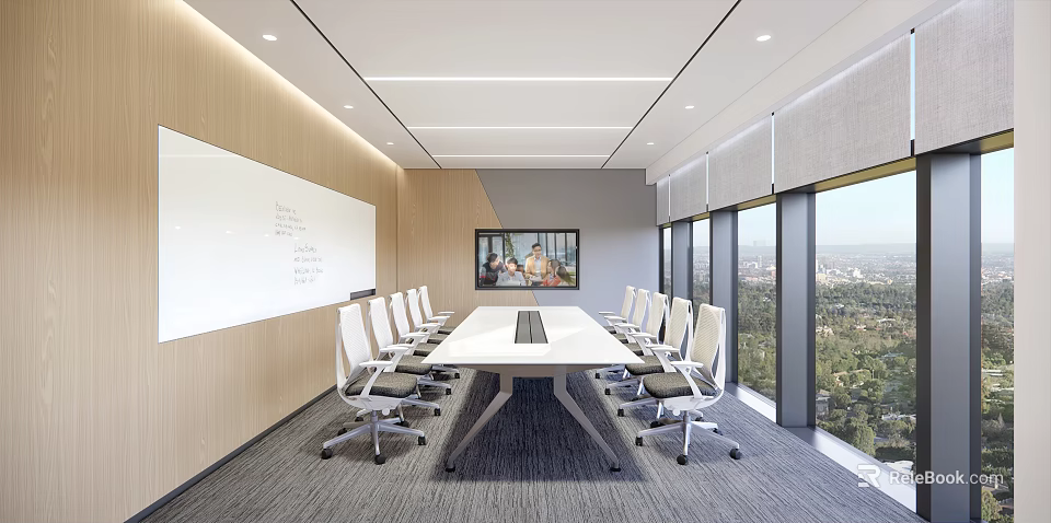 Modern Conference Room Interior With Long Table Whiteboard TV Large Windows And City View 3d model 
