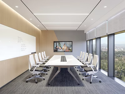 Modern Conference Room Interior With Long Table Whiteboard TV Large Windows And City View 3d model