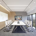 Modern Conference Room Interior With Long Table Whiteboard TV Large Windows And City View