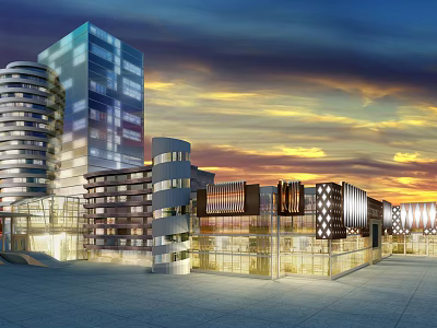 Modern Commercial Street With High Rise Buildings Glass Facades Under Sunset Sky And Illuminated Lights 3d model