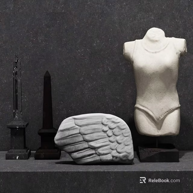Black and White Decorative Ornament Set with Mannequin Torso Wing Sculpture and Columnar Pieces 3d model 