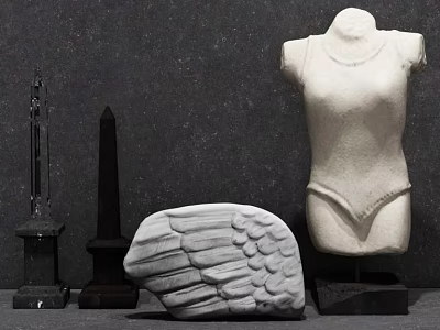 Black and White Decorative Ornament Set with Mannequin Torso Wing Sculpture and Columnar Pieces 3d model