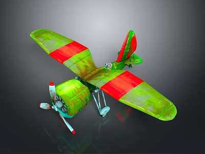 Aerospace Biplane Model Featuring Green Red Wings Propeller And Gray Background 3d model