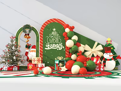 Christmas Photo Check-in Spot With Tree Santa Gifts Balloons And Snowman Decorations 3d model