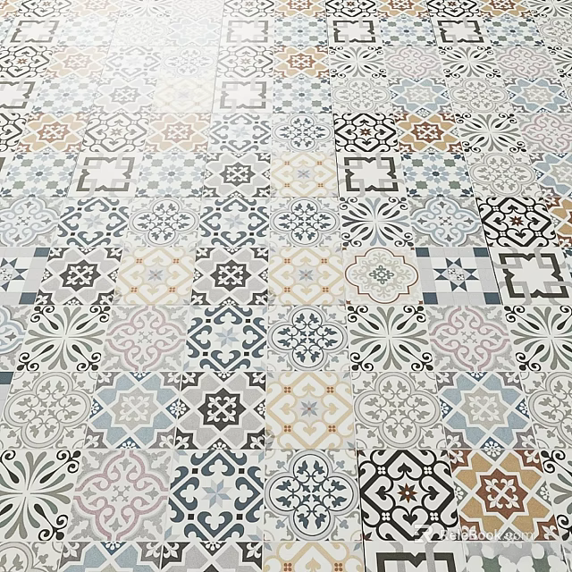 Colorful Patterned Tiles Design Featuring Geometric Floral Motifs And Multicolor Tones 3d model 