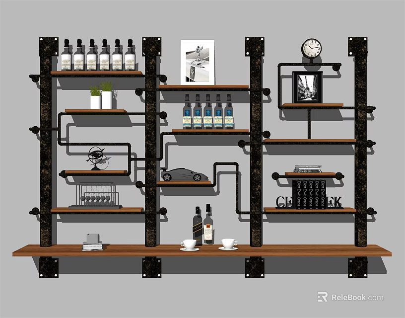 Industrial Style Wall Mounted Cabinets with Metal Frames and Wooden Shelves for Bottles Decorative Items 3d model 