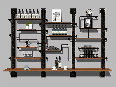 Industrial Style Wall Mounted Cabinets with Metal Frames and Wooden Shelves for Bottles Decorative Items 3d model