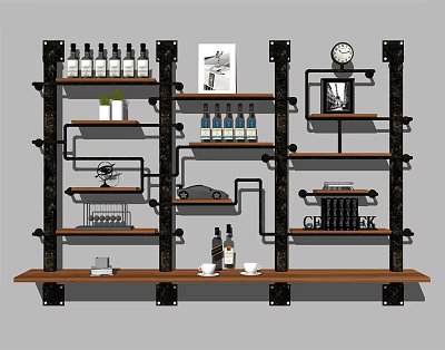 Industrial Style Wall Mounted Cabinets with Metal Frames and Wooden Shelves for Bottles Decorative Items 3d model