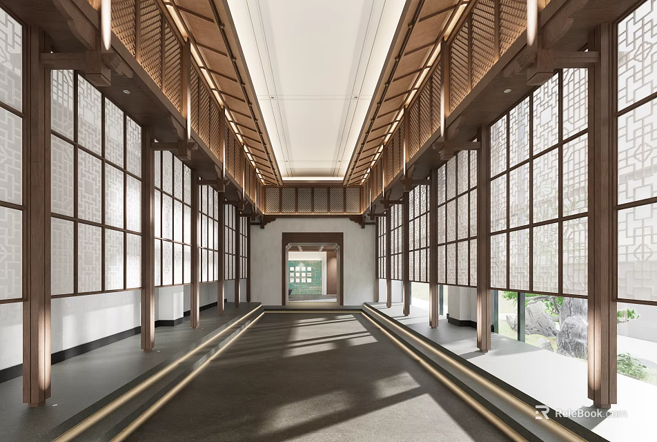 Clubhouse Long Corridor With Wooden Structure Lattice Windows White Walls And Ceiling Lights 3d model 