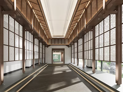 Clubhouse Long Corridor With Wooden Structure Lattice Windows White Walls And Ceiling Lights 3d model