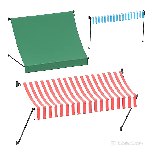 Colorful Awning Components With Green Blue White And Red Striped Canopies 3d model 