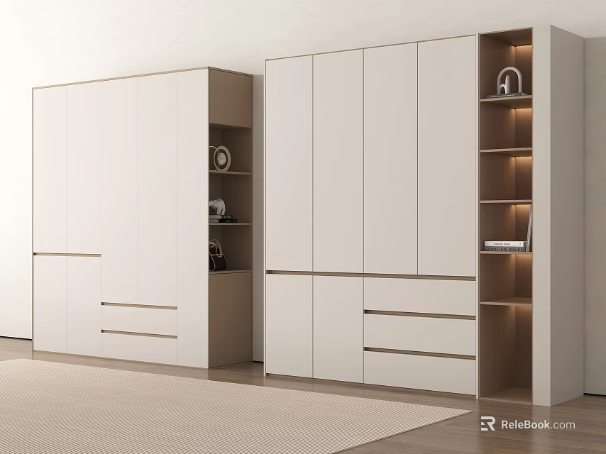 Modern Light Colored Wardrobe With Multiple Cabinet Doors Drawers And Illuminated Open Shelves 3d model 