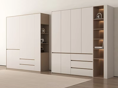 Modern Light Colored Wardrobe With Multiple Cabinet Doors Drawers And Illuminated Open Shelves 3d model