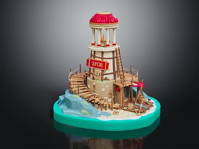 Detailed Tower Model With Red Dome Columns Store Banner Wooden Stairs And Blue Base 3d model