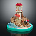 Detailed Tower Model With Red Dome Columns Store Banner Wooden Stairs And Blue Base