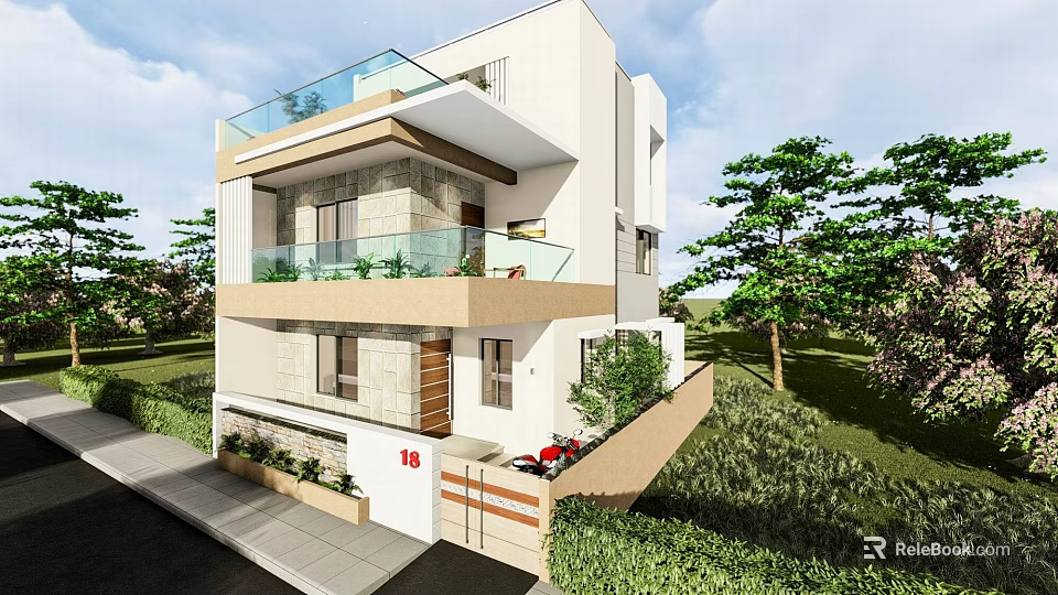 Modern Detached Villa Exterior With Glass Balcony Green Lawn And Trees 3d model 