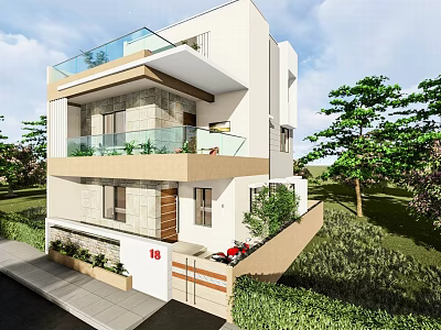 Modern Detached Villa Exterior With Glass Balcony Green Lawn And Trees 3d model