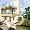 Modern Detached Villa Exterior With Glass Balcony Green Lawn And Trees