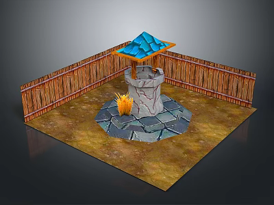 Outdoor Courtyard Scene With Stone Well Blue Roof Wooden Fence And Fire Pit 3d model