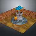 Outdoor Courtyard Scene With Stone Well Blue Roof Wooden Fence And Fire Pit