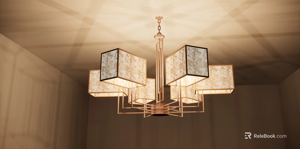 Modern Indoor Chandelier With Textured Square Lampshades And Copper Metal Frame Design 3d model 