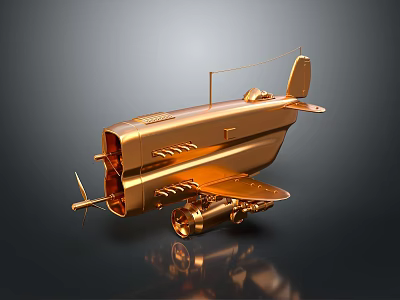 Shiny Golden Vintage Airplane Model With Propeller Wings And Reflection On Dark Background 3d model