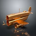 Shiny Golden Vintage Airplane Model With Propeller Wings And Reflection On Dark Background