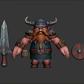 Cartoon Viking Warrior Character With Horned Helmet Red Beard Sword Shield And Barrel