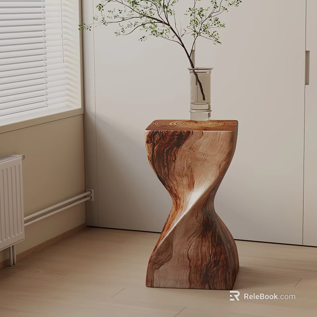 Wooden Side Table With Twisted Design And Glass Vase For Modern Living Room Decor 3d model 