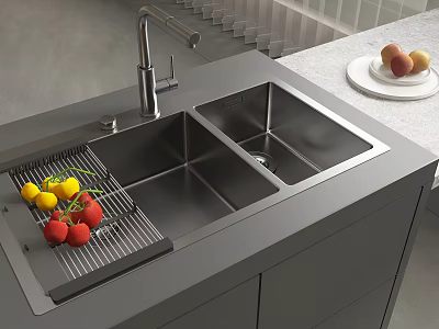 Stainless Steel Double Bowl Kitchen Sink With Drainer Rack And Fresh Vegetables On Countertop Cabinet 3d model