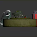 3D Rendered Weapons Featuring Green Circular Mine Safety Grenade Red Spray Can And Black Fuse