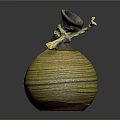 Handcrafted Pottery Jar With Yellow Black Spiral Stripes And Twisted Rope Knot Top Decoration
