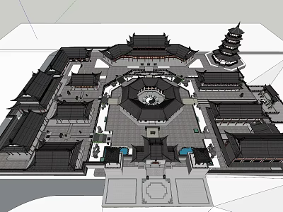 Ancient Chinese Architectural Complex With Symmetrical Courtyard Pagoda And Traditional Roofs 3d model