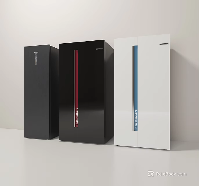 Modern Upright Refrigerators With Black White And Red Blue Striped Sleek Design 3d model 