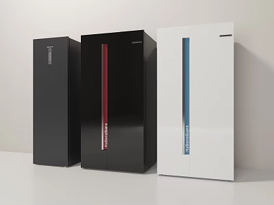 Modern Upright Refrigerators With Black White And Red Blue Striped Sleek Design 3d model