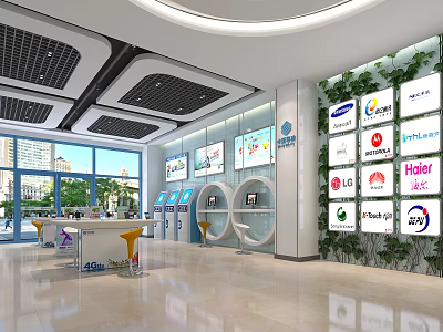 Modern Digital Store Interior With Bright Windows Brand Logos Electronic Products And Display Counters 3d model