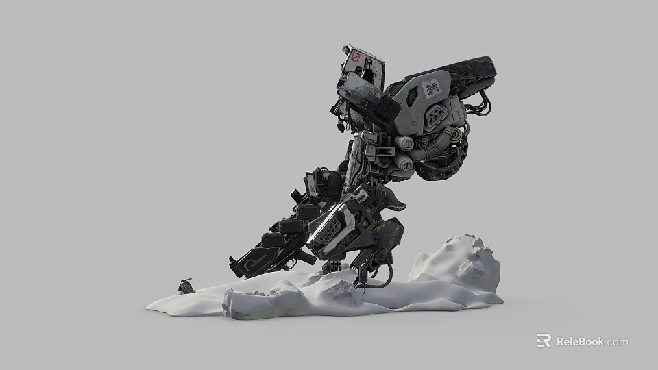 Smart Mech on Snowy Ground Equipped With Large Weaponry and Complex Mechanical Structure 3d model 