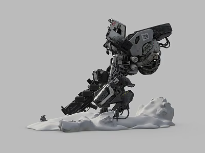 Smart Mech on Snowy Ground Equipped With Large Weaponry and Complex Mechanical Structure 3d model