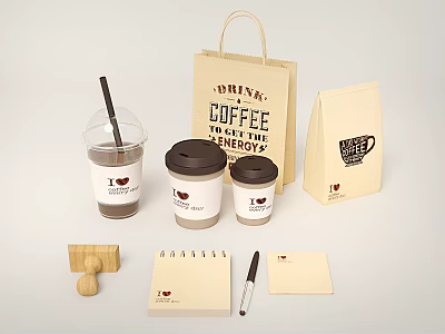 Café Branded Coffee Items With Takeaway Cups Shopping Bags Notebooks Pen And Wooden Stamp 3d model