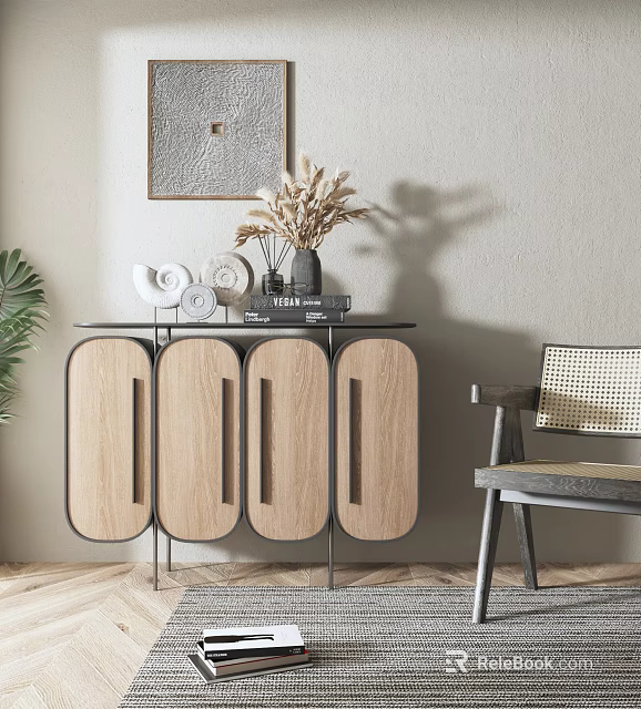 Wooden Entryway Cabinet Sideboard With Oval Doors Metal Frame And Decorative Vase On Light Wall 3d model 