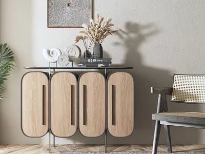 Wooden Entryway Cabinet Sideboard With Oval Doors Metal Frame And Decorative Vase On Light Wall 3d model