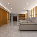 Leisure Area Interior with Large Windows City View Marble Wall Sofa Chairs and Coffee Table