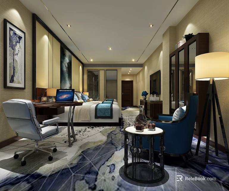Hotel Guest Room Interior With Modern Bed Desk Chair And Decorative Elements 3d model 