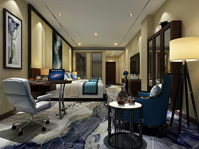 Hotel Guest Room Interior With Modern Bed Desk Chair And Decorative Elements 3d model