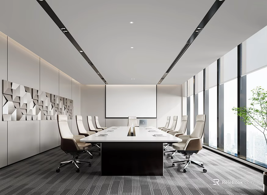 Modern Conference Room Interior Design With Long Table Chairs Projector Screen And Geometric Decor 3d model 
