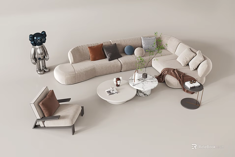 Modern Beige Curved Sofa Set With Colorful Cushions Accent Chair Coffee Tables And Potted Plant 3d model 