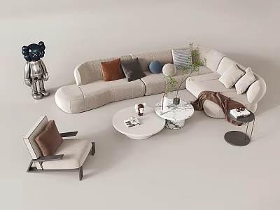 Modern Beige Curved Sofa Set With Colorful Cushions Accent Chair Coffee Tables And Potted Plant 3d model