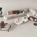 Modern Beige Curved Sofa Set With Colorful Cushions Accent Chair Coffee Tables And Potted Plant