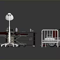 Medical Equipment Setup with Hospital Bed Wheelchair Stretcher and Floor Lamp